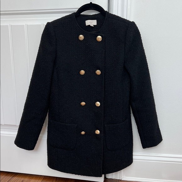 LOFT Jackets & Blazers - LOFT Black Double-Breasted Bouclé Pea Coat with Gold Buttons Size XXS Petite
